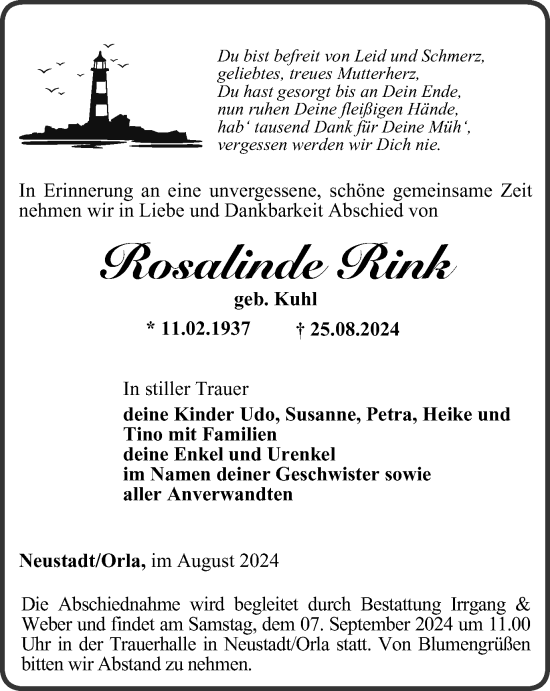 Traueranzeige von Rosalinde Rink von Ostthüringer Zeitung