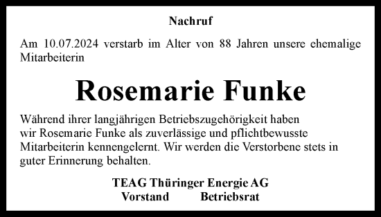 Traueranzeige von Rosemarie Funke von Ostthüringer Zeitung