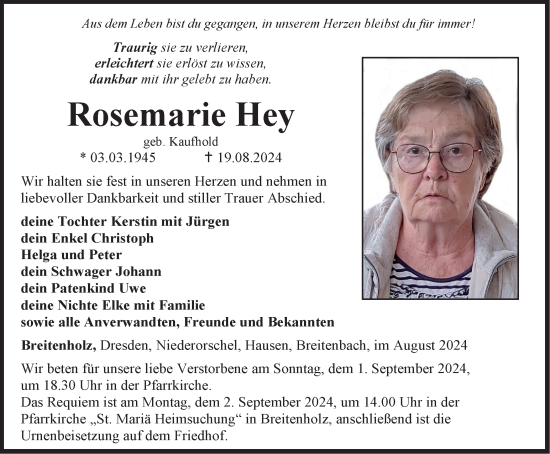 Traueranzeige von Rosemarie Hey von Thüringer Allgemeine