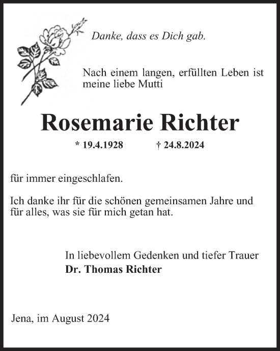 Traueranzeige von Rosemarie Richter von Ostthüringer Zeitung, Thüringische Landeszeitung