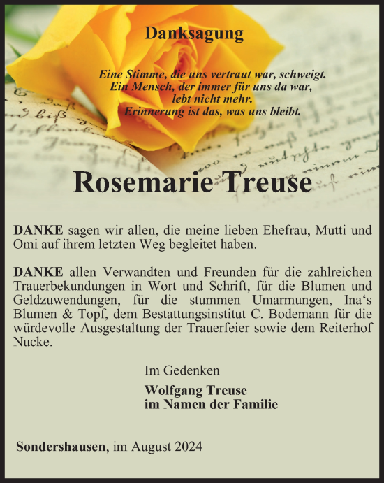 Traueranzeige von Rosemarie Treuse von Thüringer Allgemeine