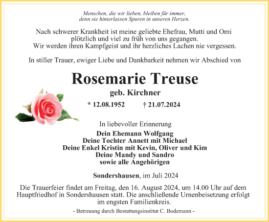 Traueranzeige von Rosemarie Treuse von Thüringer Allgemeine