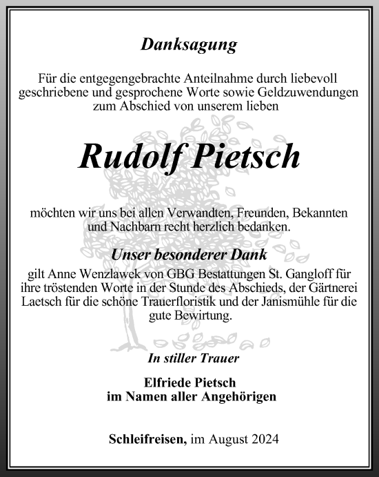 Traueranzeige von Rudolf Pietsch von Ostthüringer Zeitung