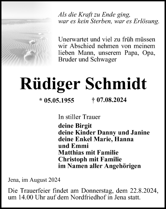 Traueranzeige von Rüdiger Schmidt von Ostthüringer Zeitung, Thüringische Landeszeitung