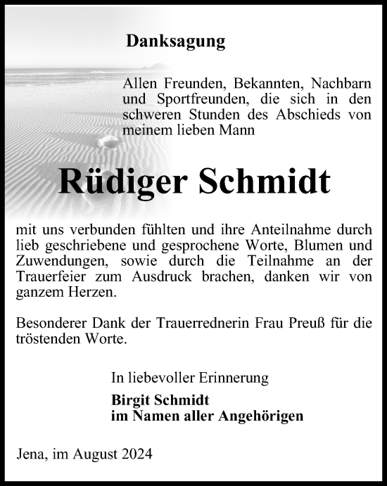 Traueranzeige von Rüdiger Schmidt von Ostthüringer Zeitung, Thüringische Landeszeitung