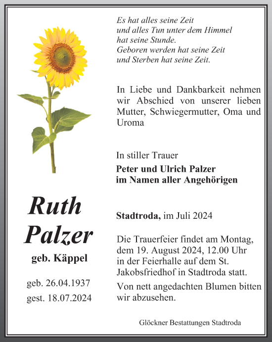 Traueranzeige von Ruth Palzer von Ostthüringer Zeitung