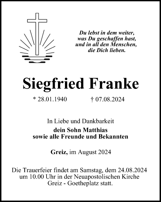 Traueranzeige von Siegfried Franke von Ostthüringer Zeitung