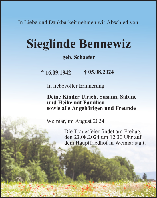 Traueranzeige von Sieglinde Bennewiz von Thüringer Allgemeine, Thüringische Landeszeitung