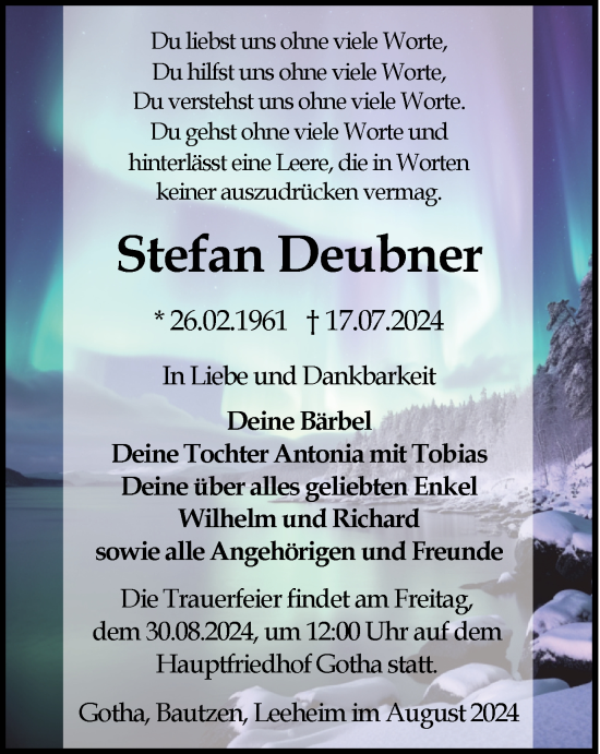 Traueranzeige von Stefan Deubner von Thüringer Allgemeine, Thüringische Landeszeitung