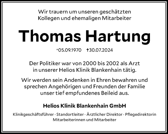 Traueranzeige von Thomas Hartung von Thüringer Allgemeine, Thüringische Landeszeitung