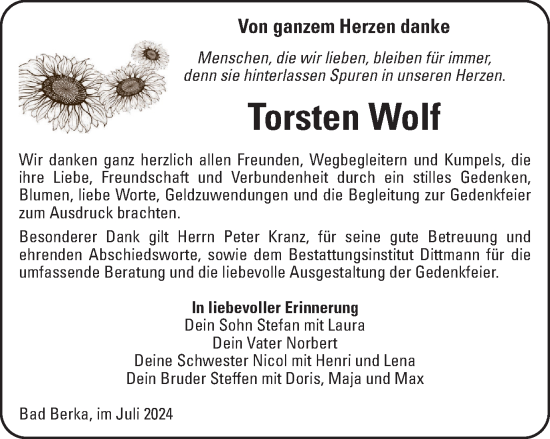 Traueranzeige von Torsten Wolf von Thüringer Allgemeine, Thüringische Landeszeitung