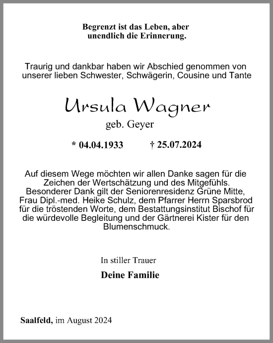 Traueranzeige von Ursula Wagner von Ostthüringer Zeitung