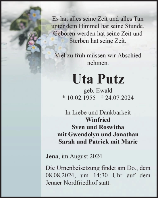 Traueranzeige von Uta Putz von Ostthüringer Zeitung, Thüringische Landeszeitung