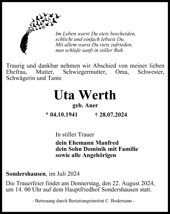 Traueranzeige von Uta Werth