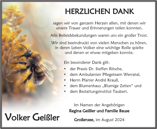 Traueranzeige von Volker Geißler von Thüringer Allgemeine, Thüringische Landeszeitung