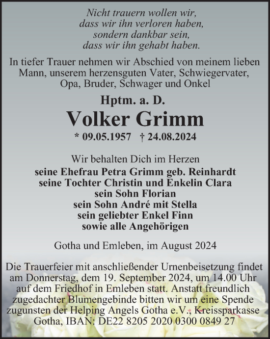 Traueranzeige von Volker Grimm von Thüringer Allgemeine, Thüringische Landeszeitung