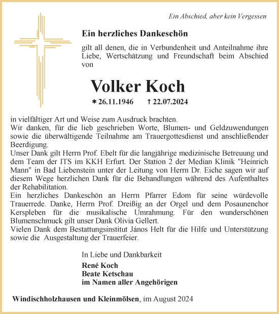 Traueranzeige von Volker Koch von Thüringer Allgemeine, Thüringische Landeszeitung