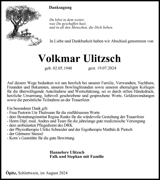 Traueranzeige von Volkmar Ulitzsch von Ostthüringer Zeitung