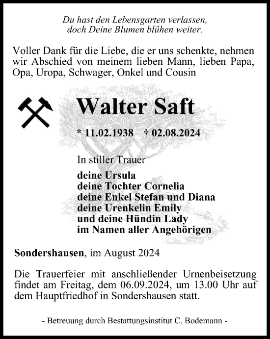 Traueranzeige von Walter Saft von Thüringer Allgemeine