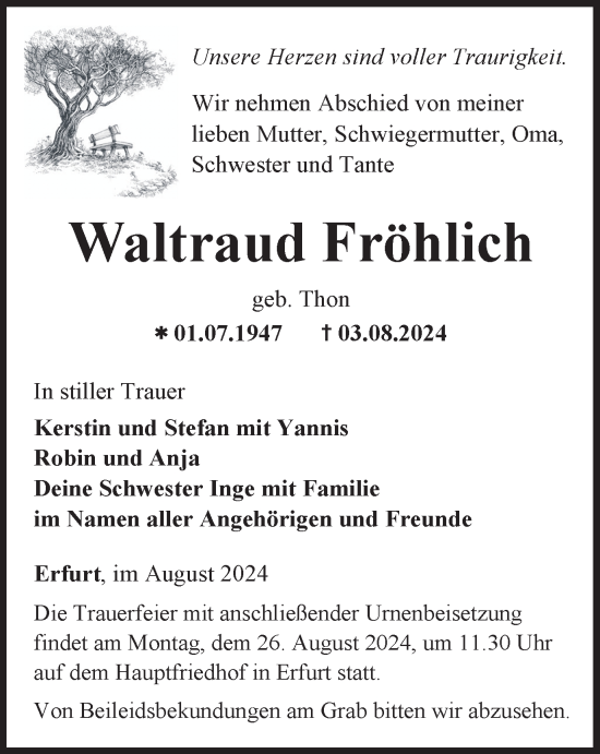 Traueranzeige von Waltraud Fröhlich von Thüringer Allgemeine, Thüringische Landeszeitung