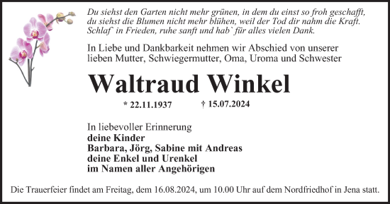 Traueranzeige von Waltraud Winkel von Ostthüringer Zeitung, Thüringische Landeszeitung