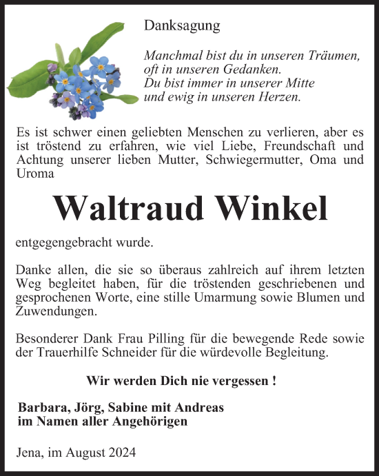 Traueranzeige von Waltraud Winkel von Ostthüringer Zeitung, Thüringische Landeszeitung