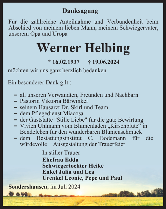 Traueranzeige von Werner Helbing von Thüringer Allgemeine