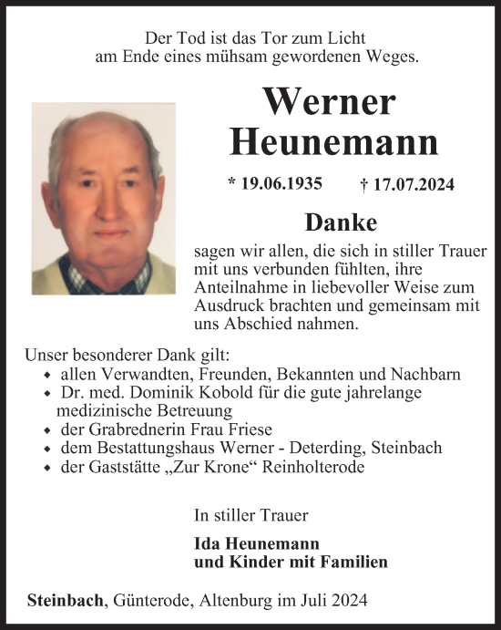 Traueranzeige von Werner Heunemann von Thüringer Allgemeine