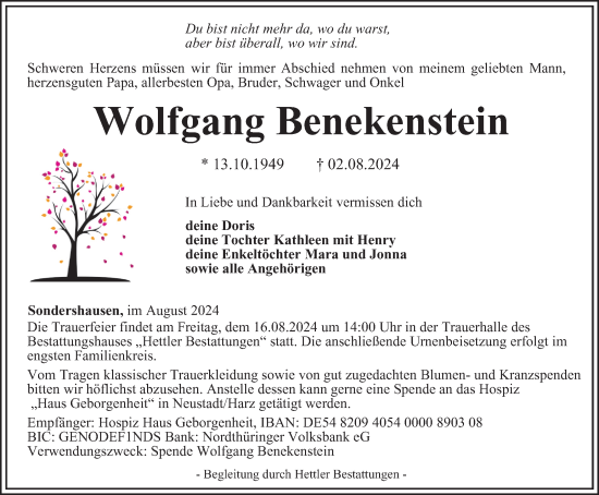 Traueranzeige von Wolfgang Benekenstein von Thüringer Allgemeine