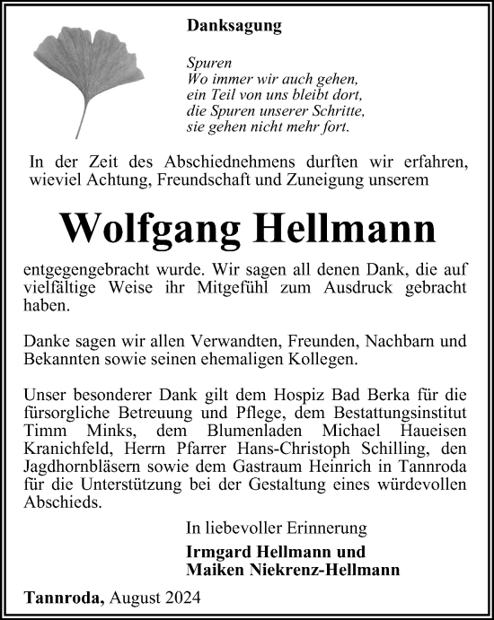 Traueranzeige von Wolfgang Hellmann von Thüringer Allgemeine, Thüringische Landeszeitung