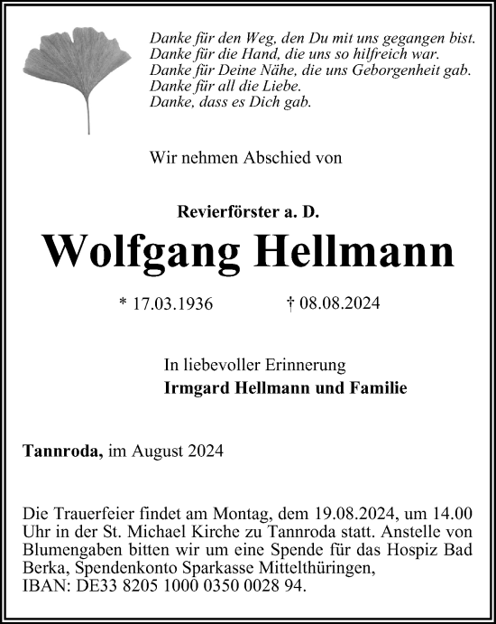 Traueranzeige von Wolfgang Hellmann von Thüringer Allgemeine, Thüringische Landeszeitung