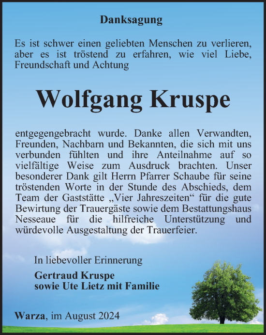 Traueranzeige von Wolfgang Kruspe von Thüringer Allgemeine, Thüringische Landeszeitung