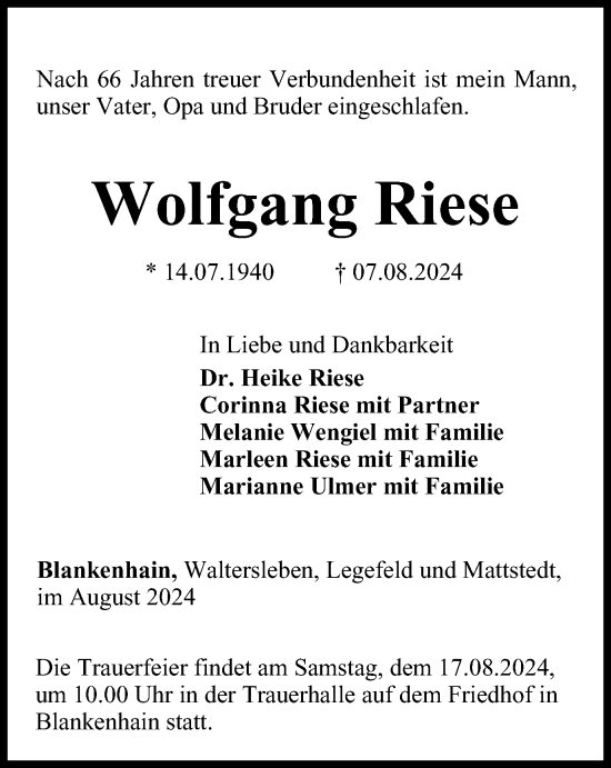 Traueranzeige von Wolfgang Riese von Thüringer Allgemeine, Thüringische Landeszeitung