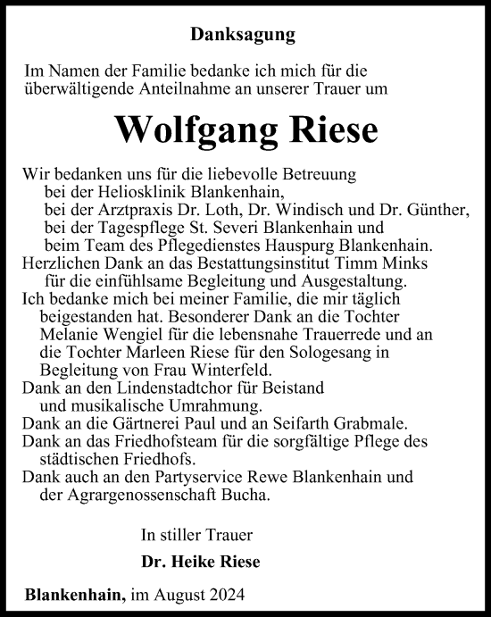 Traueranzeige von Wolfgang Riese von Thüringer Allgemeine, Thüringische Landeszeitung