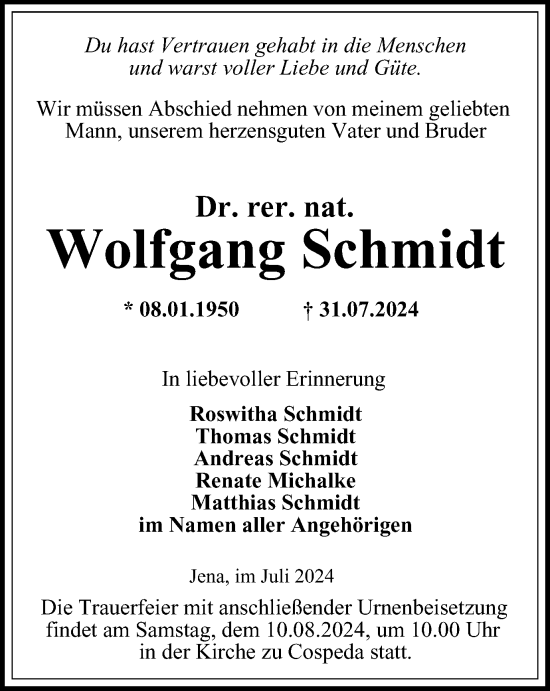 Traueranzeige von Wolfgang Schmidt von Ostthüringer Zeitung, Thüringische Landeszeitung