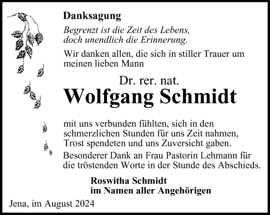 Traueranzeige von Wolfgang Schmidt von Ostthüringer Zeitung, Thüringische Landeszeitung