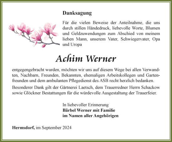 Traueranzeige von Achim Werner von Ostthüringer Zeitung