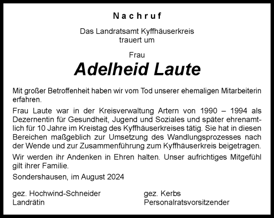 Traueranzeige von Adelheid Laute von Thüringer Allgemeine