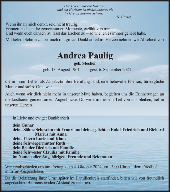 Traueranzeige von Andrea Paulig von Thüringer Allgemeine, Thüringische Landeszeitung