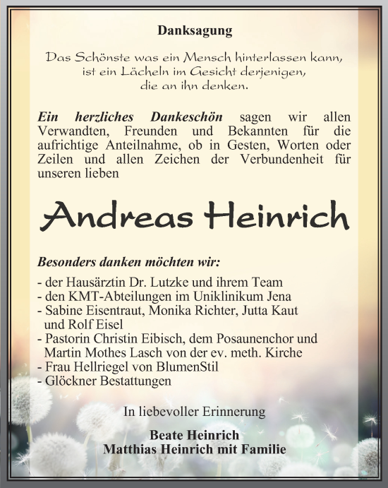Traueranzeige von Andreas Heinrich von Ostthüringer Zeitung