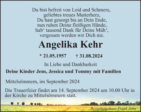 Traueranzeige von Angelika Kehr von Thüringer Allgemeine, Thüringische Landeszeitung