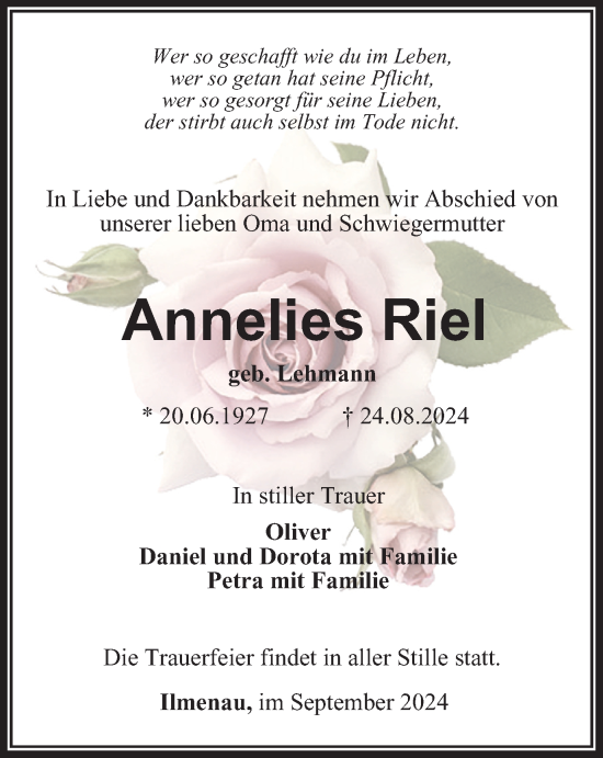 Traueranzeige von Annelies Riel von Thüringer Allgemeine