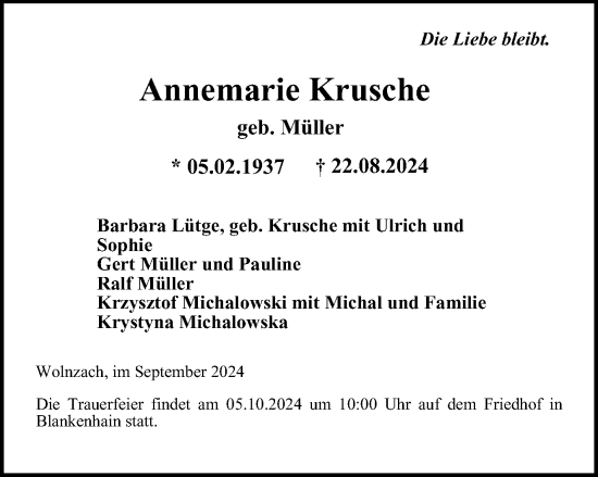 Traueranzeige von Annemarie Krusche von Thüringer Allgemeine, Thüringische Landeszeitung