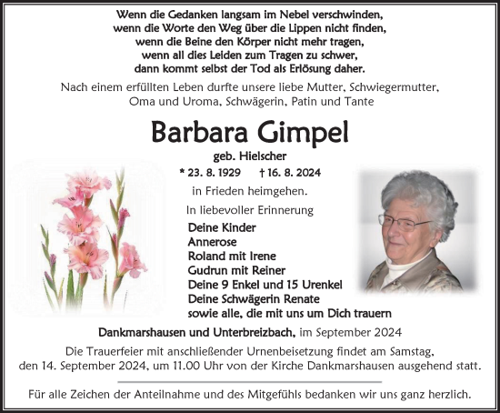 Traueranzeige von Barbara Gimpel von Thüringer Allgemeine, Thüringische Landeszeitung