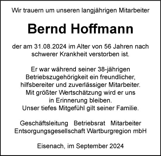 Traueranzeige von Bernd Hoffmann von Thüringer Allgemeine, Thüringische Landeszeitung