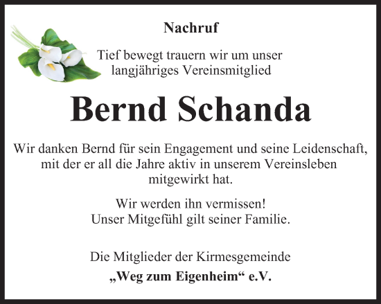 Traueranzeige von Bernd Schanda von Thüringer Allgemeine, Thüringische Landeszeitung
