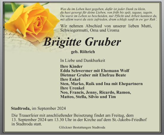 Traueranzeige von Brigitte Gruber von Ostthüringer Zeitung