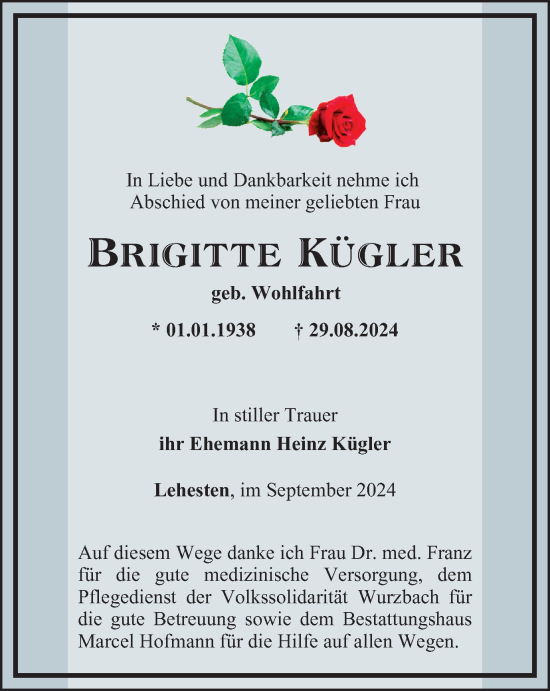 Traueranzeige von Brigitte Kügler von Ostthüringer Zeitung