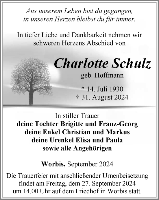 Traueranzeige von Charlotte Schulz von Thüringer Allgemeine