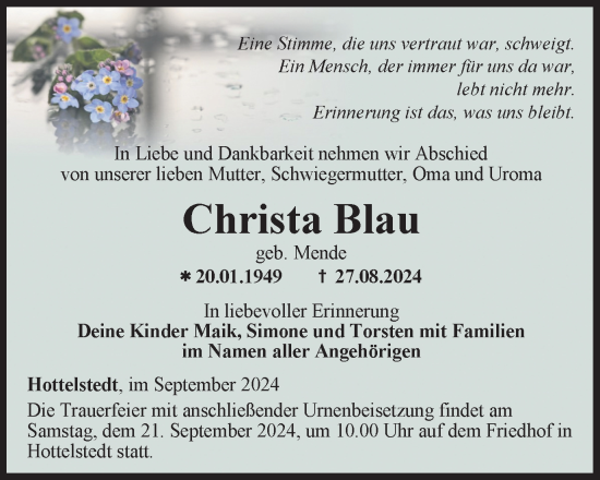 Traueranzeige von Christa Blau von Thüringer Allgemeine, Thüringische Landeszeitung